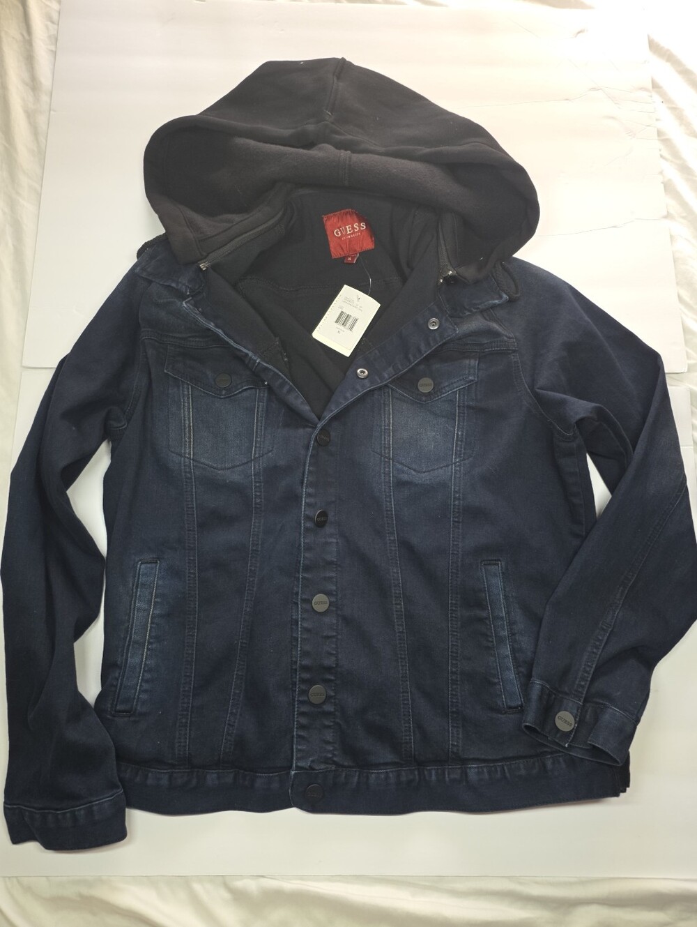 GUESS Men’s Navy Denim Jacket with Black Removable Hood Flex XL